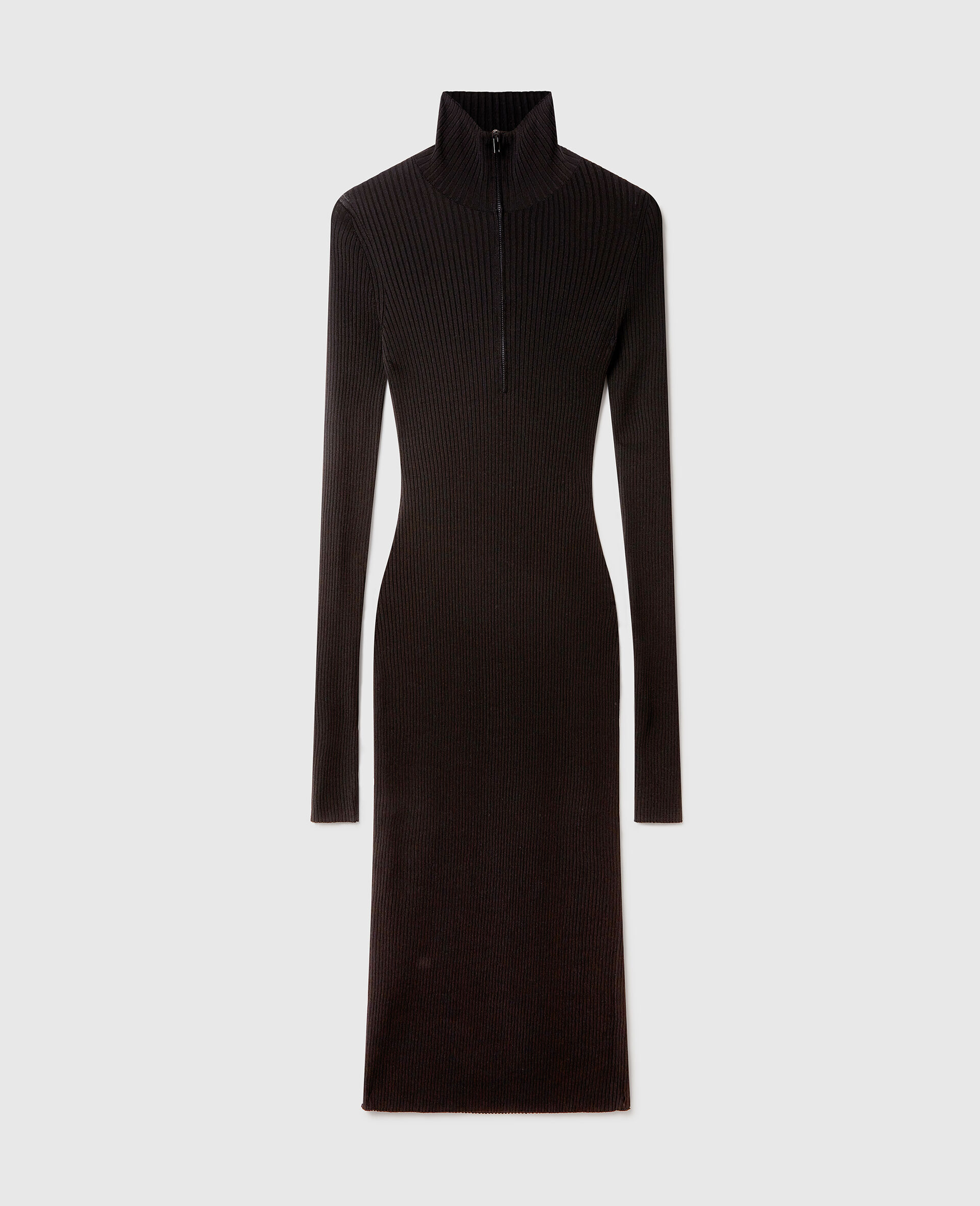 Zip-Neck Ribbed Knit Midi Dress