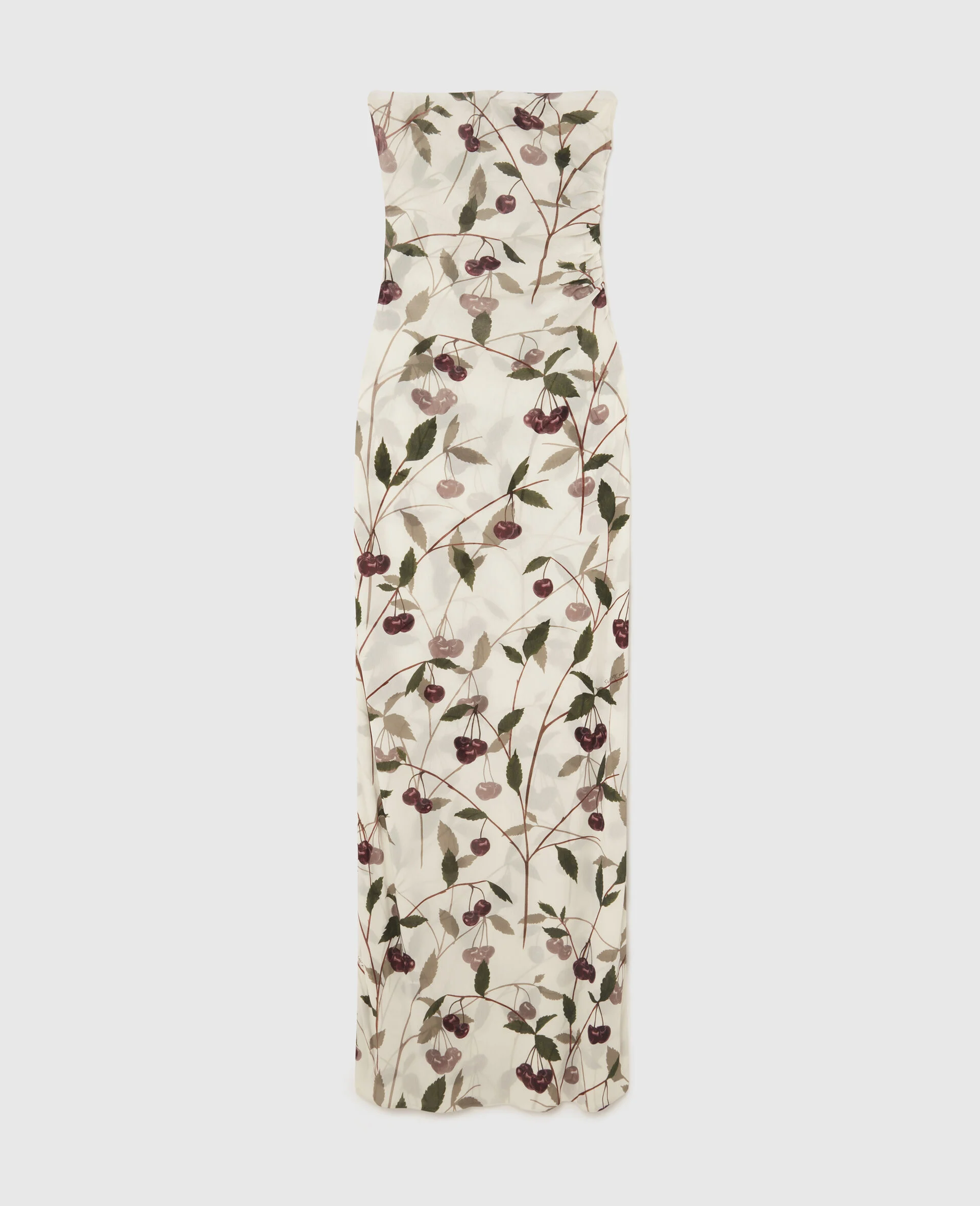 Cherry Print Mesh Strapless Midi Dress